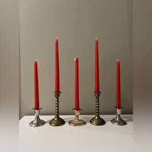 Gold and silver tone Elegant Red Taper Candles with Mixed Metal Holders holiday
